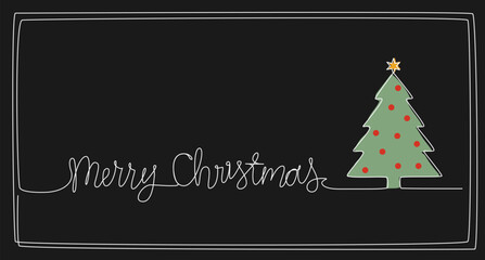 continuous line drawing of christmas tree and handwritten words MERRY CHRISTMAS, Christmas Card line art vector illustration
