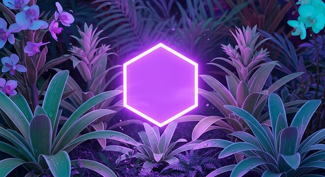 Neon hexagon in a tropical garden with purple flowers and green plants background - Powered by Adobe