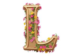 Isolated Floral L Letter, golden font, decorative alphabet, pink and yellow flowers, spring theme