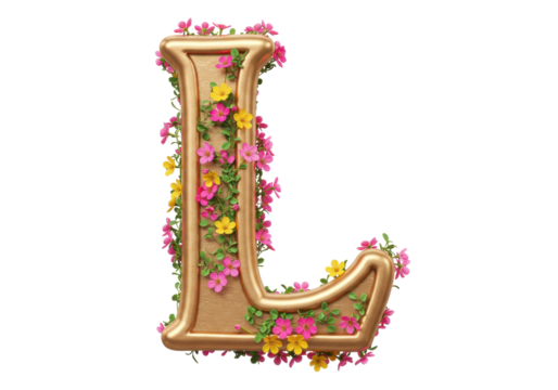 Isolated Floral L Letter, golden font, decorative alphabet, pink and yellow flowers, spring theme