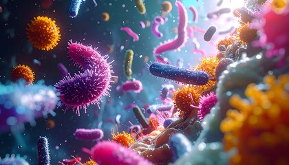 Close-up of vibrant, abstract shapes resembling microorganisms floating in a fluid, colorful environment