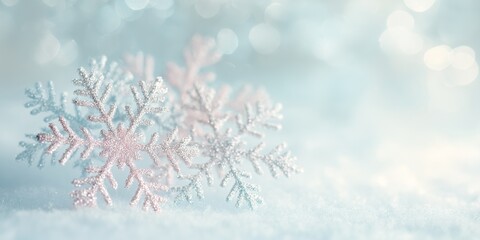 Light pink and icy blue snowflakes on pale background, subtle winter pattern, free space for text