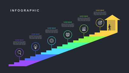 Business success staircase infographic with icons and 6 colorful steps, timeline roadmap template for process, strategy, goal achievement, and corporate growth presentation design
