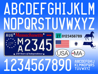 New Massachusetts car license plate blue style, 2026, 250th US commemorative 1776, letters, numbers and symbols, vector illustration, USA