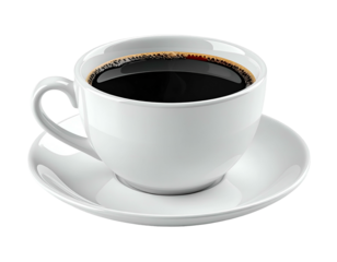 Hot black beverage in a white ceramic mug with saucer