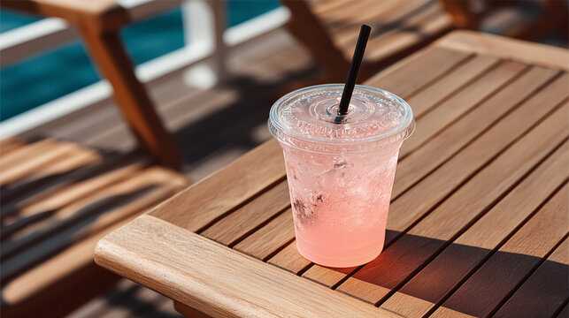 Refreshing pink lemonade with ice on a wooden table evokes summer relaxation and vacation vibes by the pool