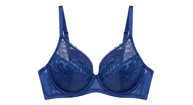 Isolated navy-blue lace bra, comfortable lingerie for women with support and adjustable straps