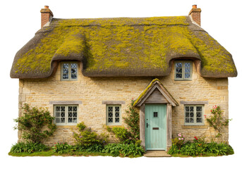 Isolated charming English cottage with moss covered thatched roof in the countryside village © Stefan