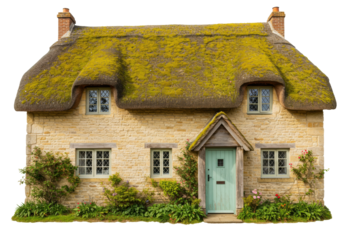 Isolated charming English cottage with moss covered thatched roof in the countryside village