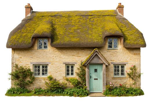 Isolated charming English cottage with moss covered thatched roof in the countryside village