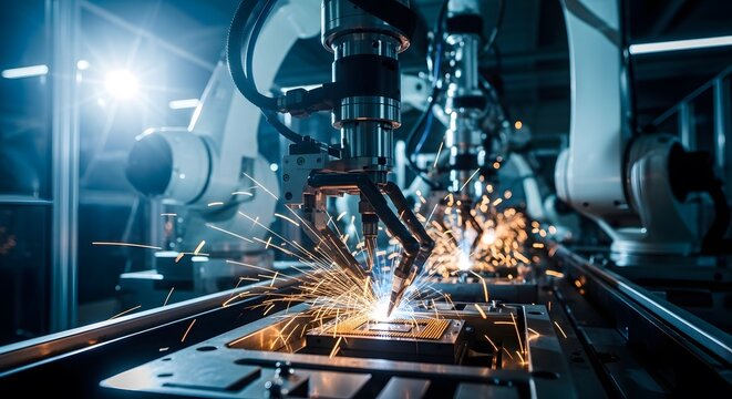 Advanced robotic arm precisely welds metal components, showering sparks in a futuristic factory setting, showcasing industrial automation and cutting edge technology