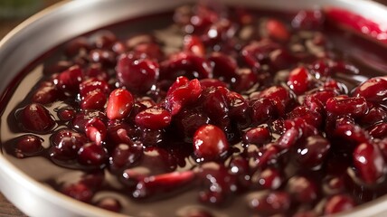 Macro shot of glistening red cranberries in a shallow metal bowl cranberry compote