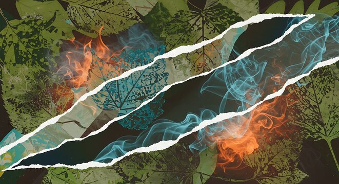 Abstract Nature Energy Collage with Ripped Paper and Smoke Effects.