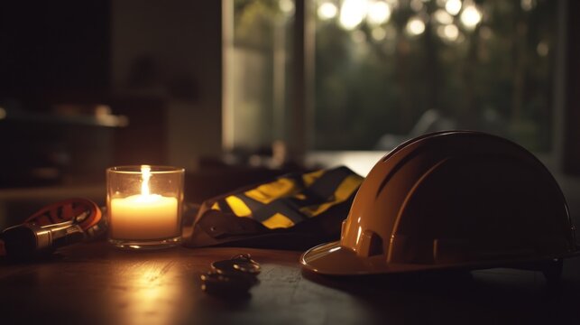 Somber Still Life with Hard Hat and Candlelight Reflecting Safety Concerns