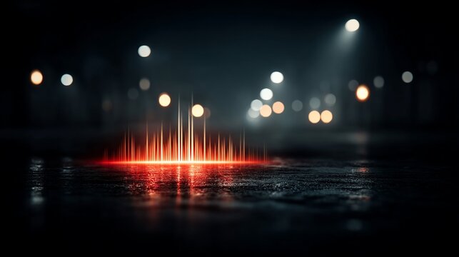 Abstract Night Cityscape with Glowing Red Light and Bokeh Effect.