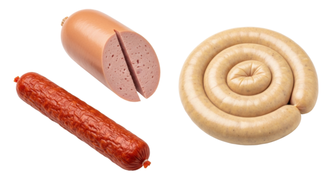 Isolated sausage varieties on the white surface a fresh meat product for the food market