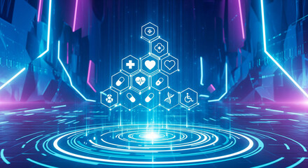 Digital Healthcare Icons Forming Hexagonal Network in Futuristic Neon Environment