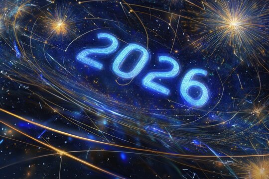 Dark blue night sky filled with bright sparks celebrating the arrival of 2026 and welcoming a new year of possibilities and excitement