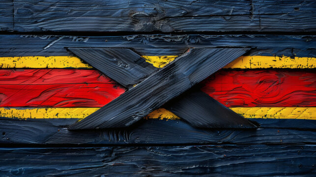 X-men symbol made from dark wooden planks with red and yellow painted stripes