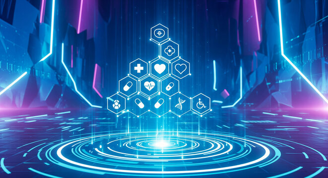 Digital Healthcare Icons Forming Hexagonal Network in Futuristic Neon Environment - Powered by Adobe