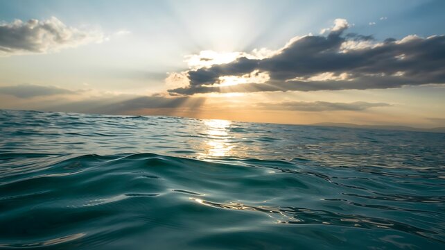 Sunlight beams through clouds over turquoise ocean waves at sunset water - Powered by Adobe