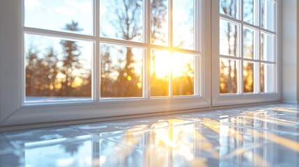 Sunset view through window, sunlit floor, winter scene, home interior, peaceful ambiance, real estate