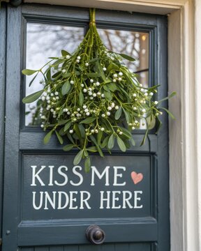 Mistletoe hanging on a door with a festive Kiss Me greeting