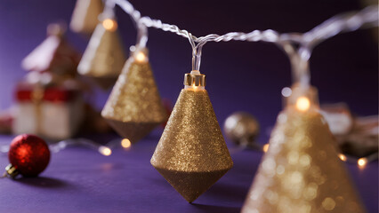 Christmas, holiday, decorations, gold, ornaments, lights, festive, celebration, decor, seasonal