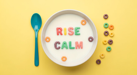 Colorful cereal letters spelling rise calm in milk with spoon