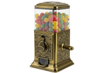 Isolated retro gumball machine filled with candy, vintage treat dispenser, snacktime
