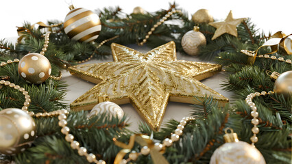Christmas, holiday, decoration, star, ornaments, festive, garland, greenery, gold