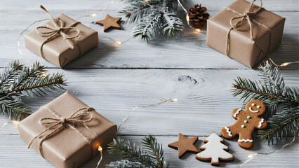 Christmas, Gifts, Presents, Festive, Decorations, Gingerbread, Lights, Pine, Holiday, Celebration