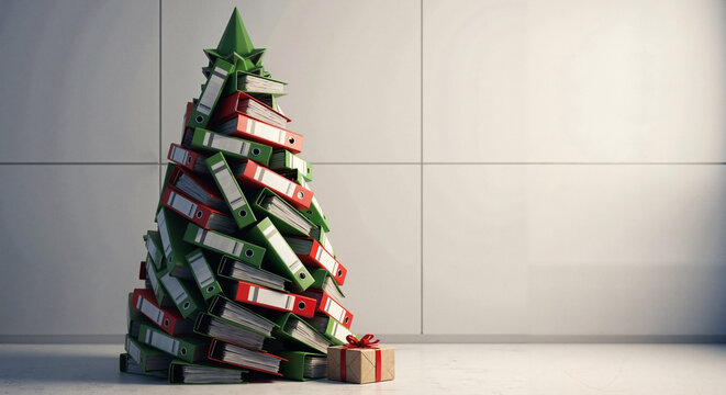 Christmas tree made from green and red office supplies in modern setting   - Powered by Adobe