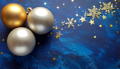 Christmas ornaments on a vibrant blue background with gold stars and snowflakes cascading across it