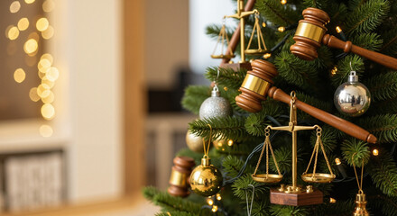 Christmas tree with miniature gavels and scales of justice ornaments  