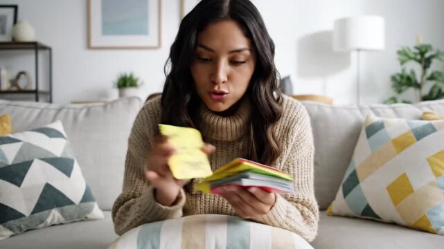 Engaged Woman Explaining Concepts with Illustrative Cards and Stack of Money in Cozy Home