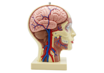 Isolated head model of a human brain, blood vessels, and face in profile for anatomy lessons