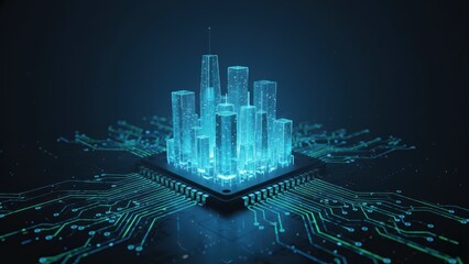 A glowing digital city emerging from chip showing smart cities and internet of things technology integration