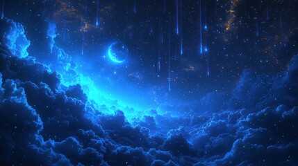 Night sky, crescent moon, meteor shower, clouds, fantasy, peaceful, dreamscape, background, artwork,  wallpaper
