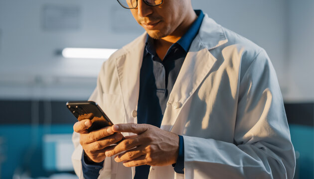 AI in healthcare. Doctor uses mobile smartphone app to manage EHR data. Telemedicine, digital patient care, and secure diagnostics in modern clinic.