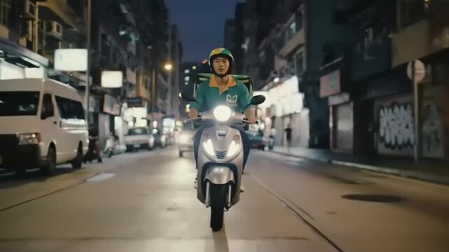 Delivery rider on scooter in city at night.