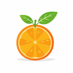 A bright, segmented orange displays a single, vibrant green leaf attached to its stem on white.