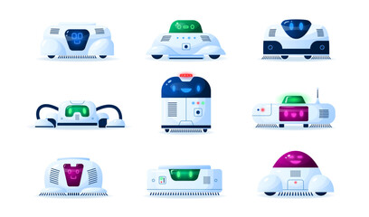 Robotic vacuum cleaners. A set of cleaning machines on a white background. Cartoon style androids with funny electronic faces. Vector illustration.