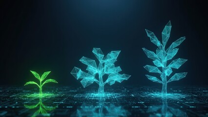 A glowing digital plants showinga growth stages with neon lines, symbolizing iot startups and internet of things technology