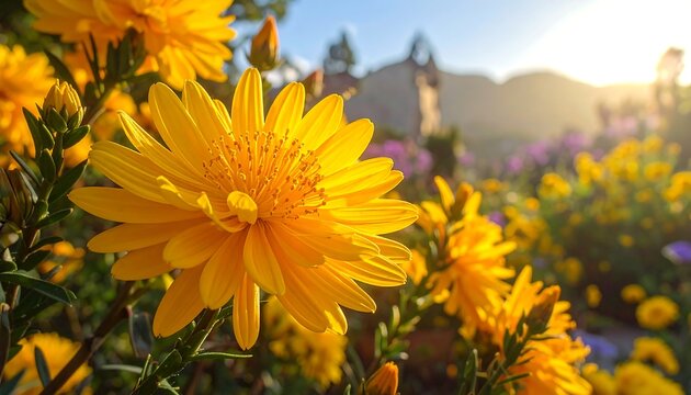 Close-up of vibrant yellow flowers in a garden, bathed in golden sunlight with a blurred building in the background - Powered by Adobe