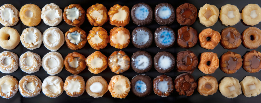 Assortment of mini donuts with various glazes and icings on a black surface - Powered by Adobe