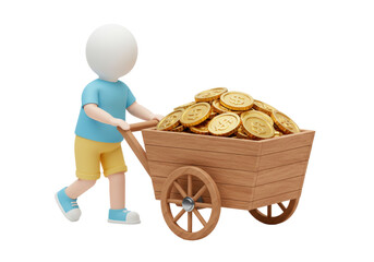 Isolated figure pushes wooden cart overflowing with gold dollar coins for investment success