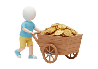 Isolated figure pushes wooden cart overflowing with gold dollar coins for investment success