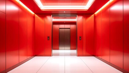 Bright red hallway with a metallic elevator at the end, white tile floor, and bright neon ceiling lights