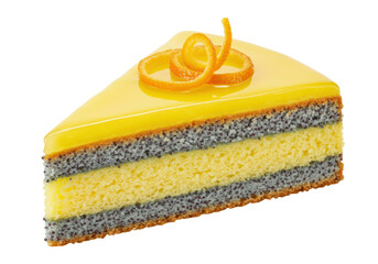 Isolated delicious slice of poppy seed cake with yellow jelly glaze and orange topping